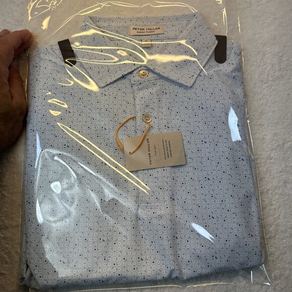 Peter Millar Summer Comfort Tailored Golf Shirt 3 Button Polo Blue Print SZ Med - Picture 7 of 8